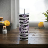 Skinny Tumbler, 20oz-Soft Purple Floral-Black Horizontal Stripes-White