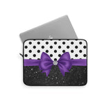 Laptop Sleeve-Glam Purple Bow-Black Polka Dots-Black Glitter