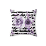 Square Pillow-Soft Purple Floral-Black Horizontal Stripes-White