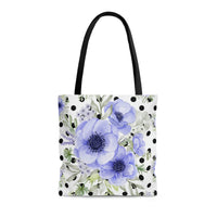 Tote Bag-Soft Blue Floral-Black Polka Dots-White