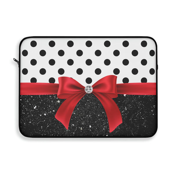 Laptop Sleeve-Glam Red Bow-Black Polka Dots-Black Glitter