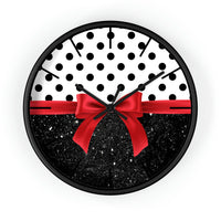 Wall Clock-Glam Red Bow-Black Polka Dots-Black Glitter