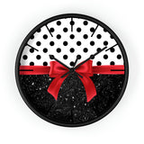 Wall Clock-Glam Red Bow-Black Polka Dots-Black Glitter