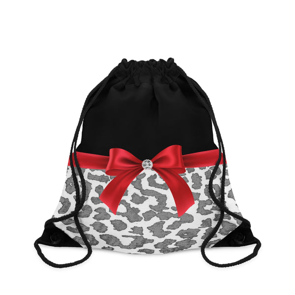 Drawstring Bag-Glam Red Bow-Grey Leopard-Black