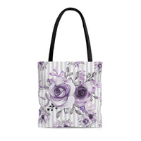 Tote Bag-Soft Purple Floral-Purple Pinstripes-White