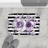 Bath Mat-Soft Purple Floral-Black Horizontal Stripes-White