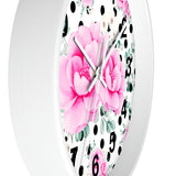 Wall Clock-Magenta Pink Floral-Black Polka Dots-White