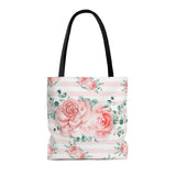 Tote Bag-Lush Pink Floral-Pink Horizontal Stripes-White