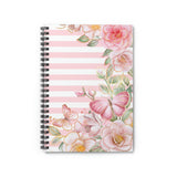 Small Spiral Notebook, 6x8in-Pink Floral Butterflies-Pink Horizontal Stripes