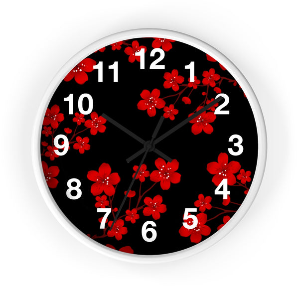 Wall Clock-Red Floral Blossoms-Black