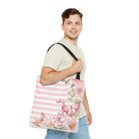 Tote Bag-Pink Floral Butterflies-Pink Horizontal Stripes