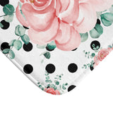 Bath Mat-Lush Pink Floral-Black Polka Dots-White