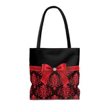 Tote Bag-Glam Red Bow-Red Lace-Black