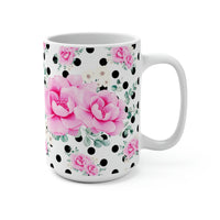 Coffee Mug 15oz-Magenta Pink Floral-Black Polka Dots-White