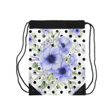 Drawstring Bag-Soft Blue Floral-Black Polka Dots-White