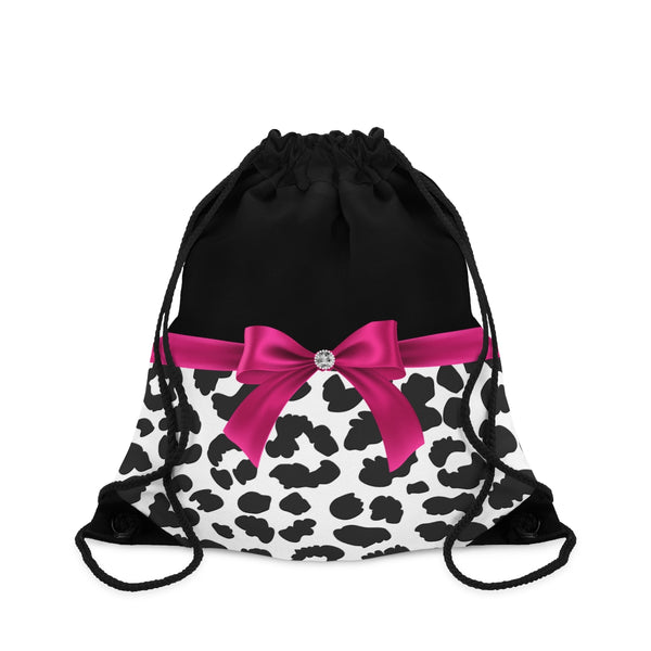 Drawstring Bag-Glam Passion Pink Bow-Snow Leopard-Black
