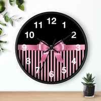 Wall Clock-Glam Pink Bow-Pink Black Pinstripes-Black