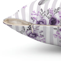 Square Pillow-Soft Purple Floral-Purple Pinstripes-White