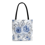 Tote Bag-Stormy Blue-Floral Stencil-White