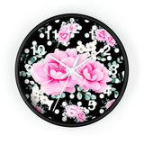 Wall Clock-Magenta Pink Floral-White Polka Dots-Black