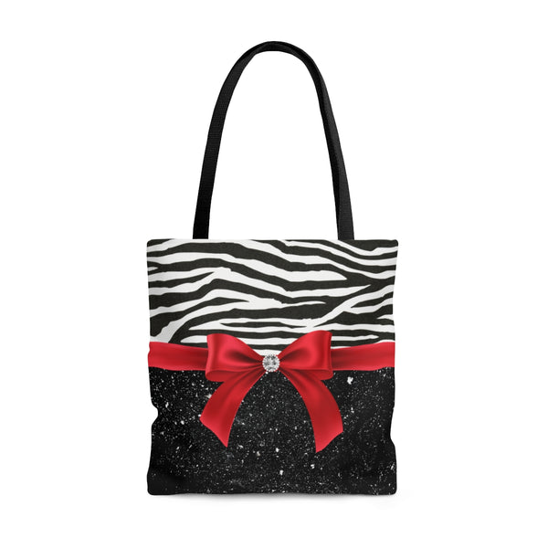 Tote Bag-Glam Red Bow-Zebra-Black Glitter