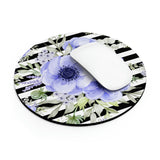 Mouse Pad-Soft Blue Floral-Black Horizontal Stripes-White