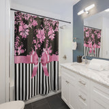 Shower Curtains-Glam Pink Bow-Pink Stencil-Black White Pinstripes