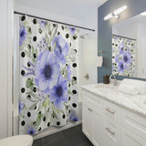 Shower Curtains-Soft Blue Floral-Black Polka Dots-White