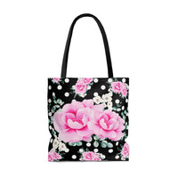 Tote Bag-Magenta Pink Floral-White Polka Dots-Black