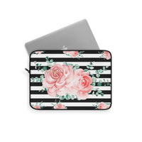 Laptop Sleeve-Lush Pink Floral-Black Horizontal Stripes-White