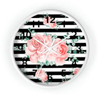 Wall Clock-Lush Pink Floral-Black Horizontal Stripes-White