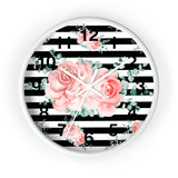 Wall Clock-Lush Pink Floral-Black Horizontal Stripes-White