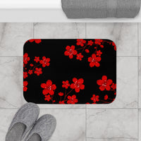 Bath Mat-Red Floral Blossoms-Black
