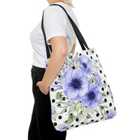 Tote Bag-Soft Blue Floral-Black Polka Dots-White