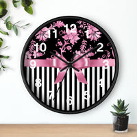 Wall clock-Glam Pink Bow-Pink Stencil-Black White Pinstripes