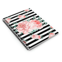 Small Spiral Notebook, 6x8in-Lush Pink Floral-Black Horizontal Stripes-White