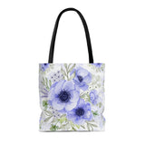 Tote Bag-Soft Blue Floral-Blue Stencil-White