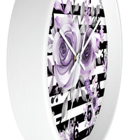 Wall Clock-Soft Purple Floral-Black Horizontal Stripes-White