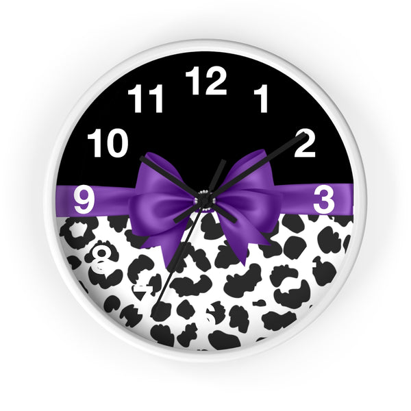 Wall Clock-Glam Purple Bow-Snow Leopard-Black