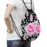 Drawstring Bag-Magenta Pink Floral-White Polka Dots-Black
