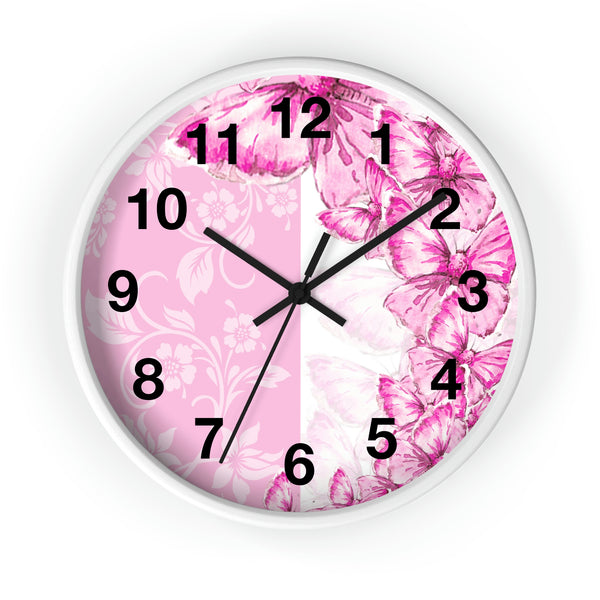Wall Clock-Pink Butterfly Duo-White
