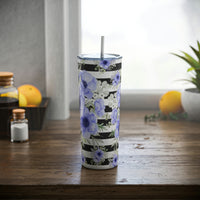 Skinny Tumbler, 20oz-Soft Blue Floral-Black Horizontal Stripes-White