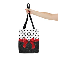 Tote Bag-Glam Red Bow-Black Polka Dots-Black Glitter