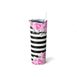 Skinny Tumbler, 20oz-Magenta Pink-Floral Bash-Black Horizontal Stripes-White