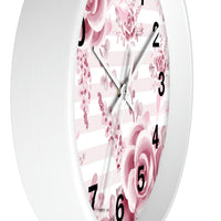 Wall Clock-Soft Pink Floral Mauve-Horizontal Stripes-White