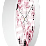 Wall Clock-Soft Pink Floral Mauve-Horizontal Stripes-White