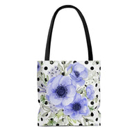 Tote Bag-Soft Blue Floral-Black Polka Dots-White