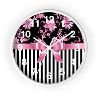 Wall clock-Glam Pink Bow-Pink Stencil-Black White Pinstripes