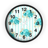 Wall clock-Aqua Blue-Floral Pinstripes