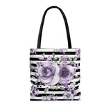 Tote Bag-Soft Purple Floral-Black Horizontal Stripes-White